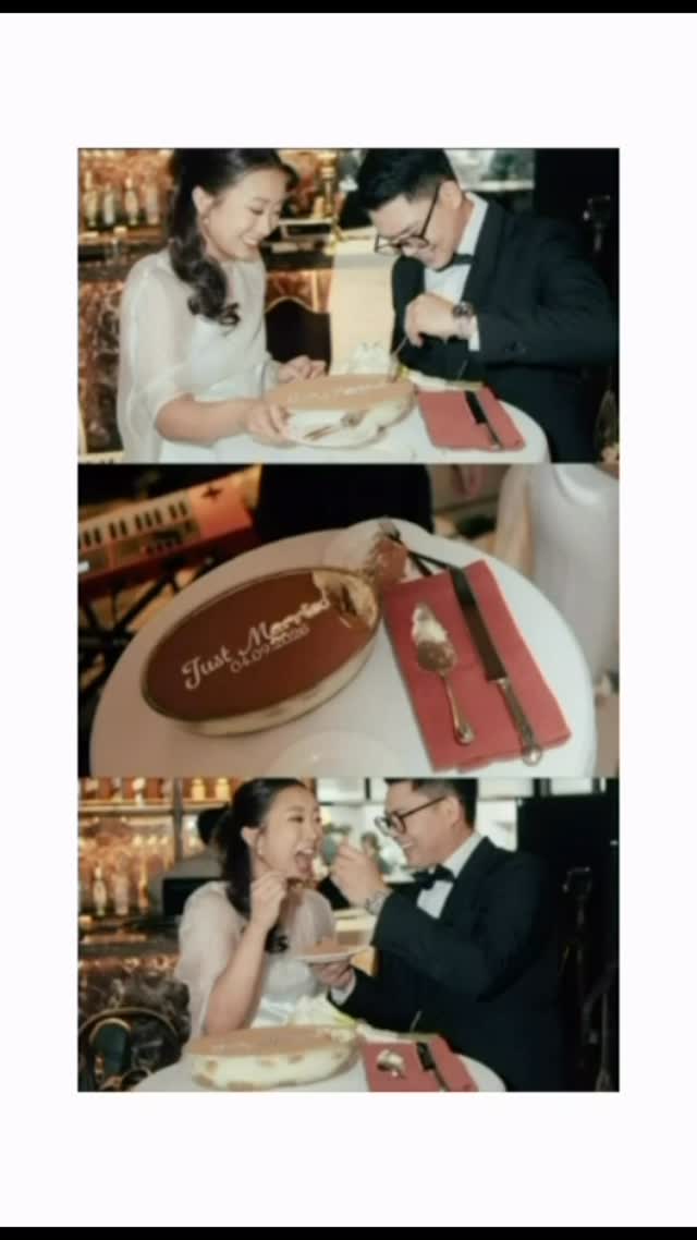 Wedding couple enjoying tiramisu cake